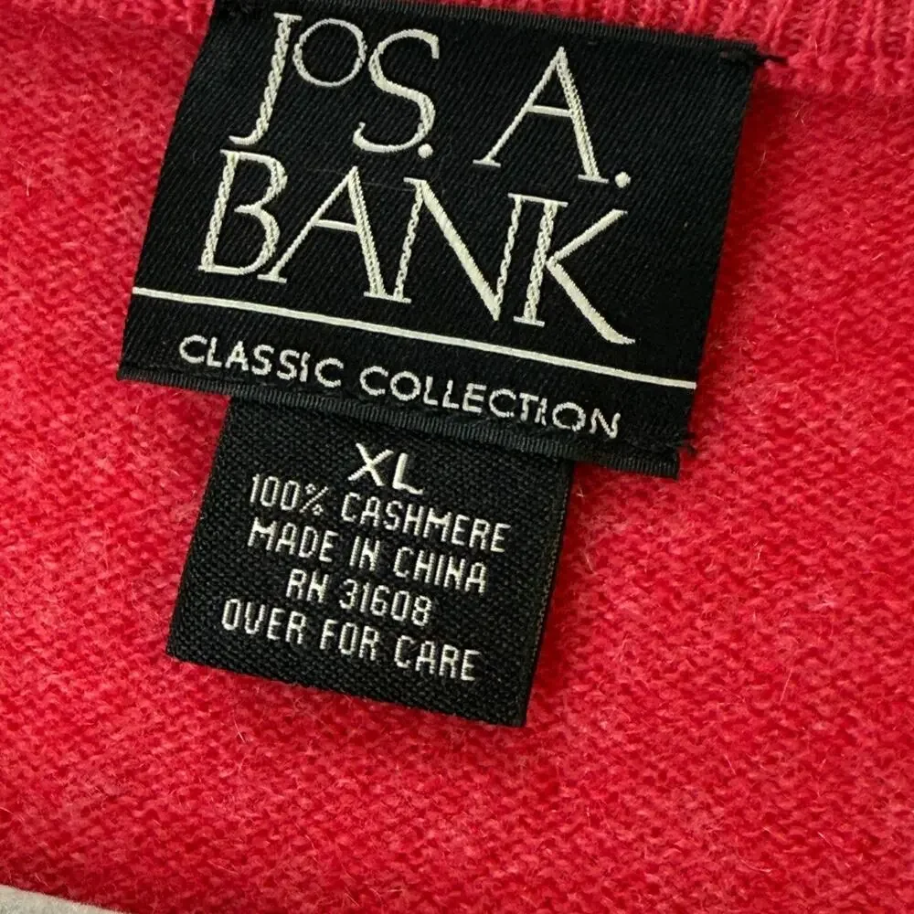 JOS A BANK Men's 100% Cashmere Bright Red V Neck Pullover Sweater Holiday Sz XL